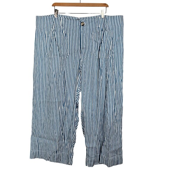 Anthropologie Maeve Colette Crop Linen Pants Wide Leg Blue Stripe 24W NWT - Picture 8 of 16